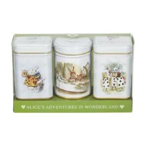 The Alice In Wonderland - Classic - Triple Mini Tin Gift Pack (2X 25G + 1X 20G Loose Tea) features three delightful tins with whimsical illustrations, perfect for storing loose tea. They come in an elegant green box labeled