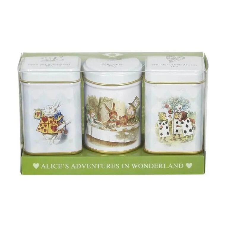 The Alice In Wonderland - Classic - Triple Mini Tin Gift Pack (2X 25G + 1X 20G Loose Tea) features three delightful tins with whimsical illustrations, perfect for storing loose tea. They come in an elegant green box labeled