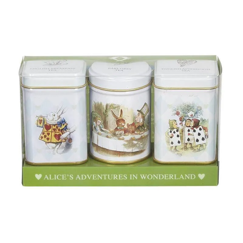 The Alice In Wonderland - Classic - Triple Mini Tin Gift Pack (2X 25G + 1X 20G Loose Tea) features three delightful tins with whimsical illustrations, perfect for storing loose tea. They come in an elegant green box labeled