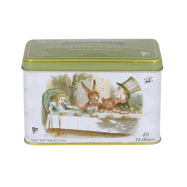 This Alice In Wonderland Classic tin contains 40 English Afternoon tea bags and features a whimsical tea party illustration, inspired by the iconic characters. Perfect for any fanciful gathering.