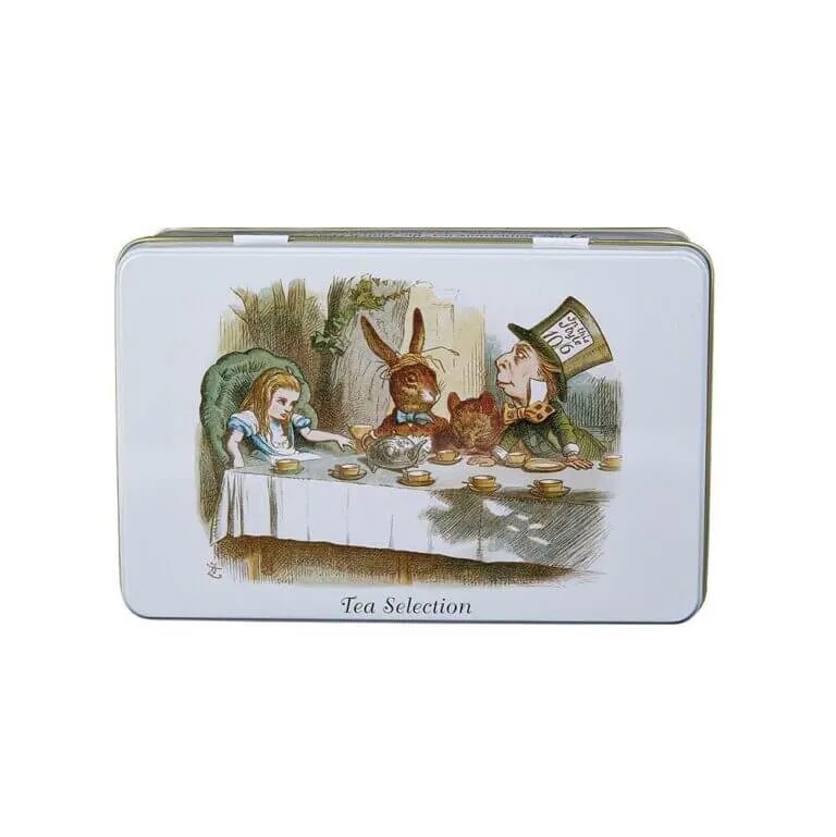 A rectangular tin features a classic illustration of Alice, the March Hare, and the Hatter at their whimsical tea party. With the text