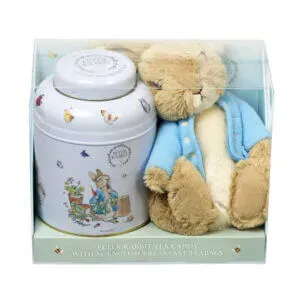 A charming Beatrix Potter tea caddy holding 80 English Breakfast teabags comes with a Peter Rabbit soft toy, packaged clearly.