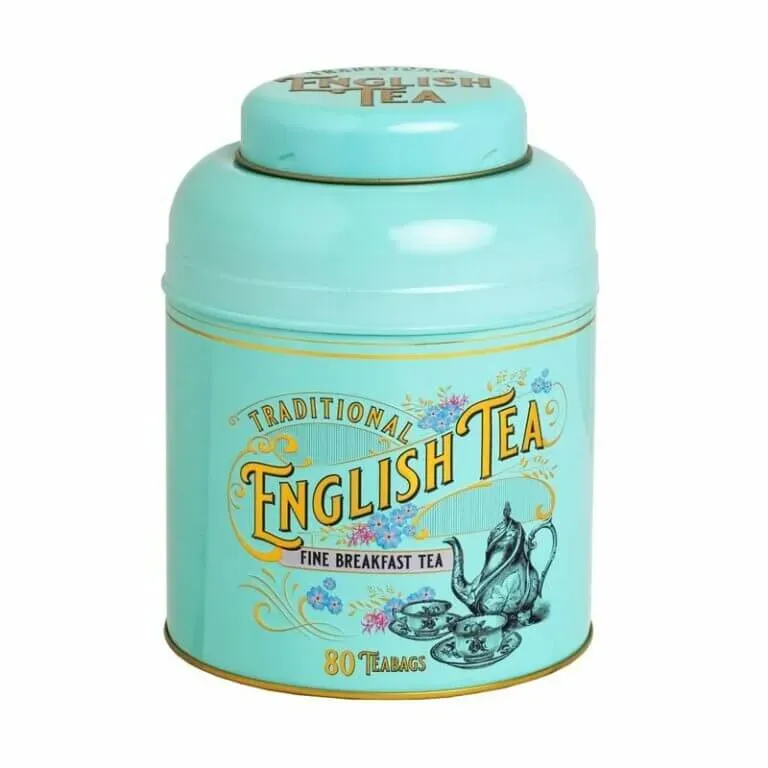 The Vintage Victorian teal tin, labeled