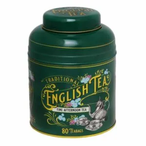 The Vintage Victorian green tin includes 80 teabags, labeled
