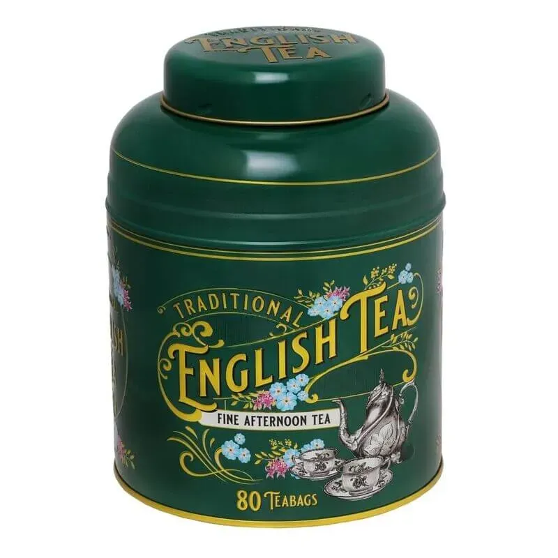 The Vintage Victorian green tin includes 80 teabags, labeled