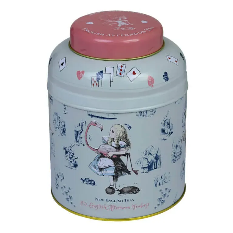 The Alice In Wonderland - Traditional (Pink) 80 Teabag Tin of English Breakfast Tea is adorned with whimsical Wonderland and playing card designs, featuring a pink lid and white body, perfect for enjoying the fantasy of Wonderland with every sip.