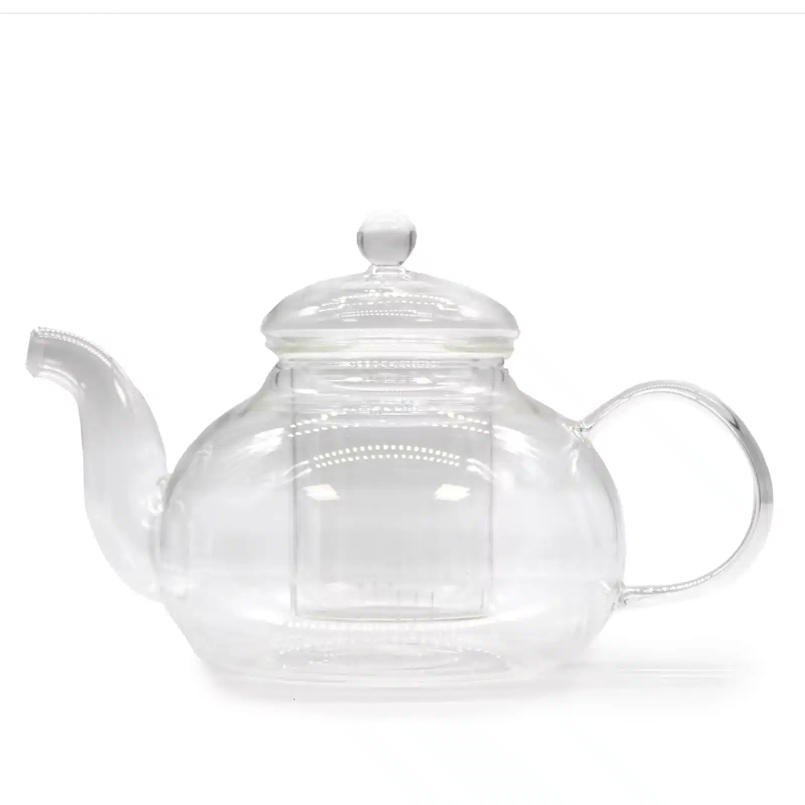 Clear glass teapot with a curved spout, round handle, and matching lid, shown on a white background.