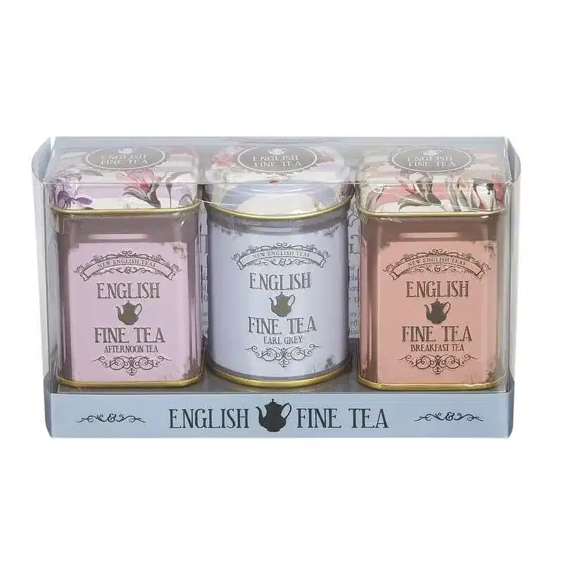 The Vintage Floral - Triple Mini Tin Gift Pack includes three tins of English Fine Tea: Afternoon, Earl Grey, and Breakfast. Encased in a clear box with vintage floral designs, this set adds an elegant touch to your tea collection.