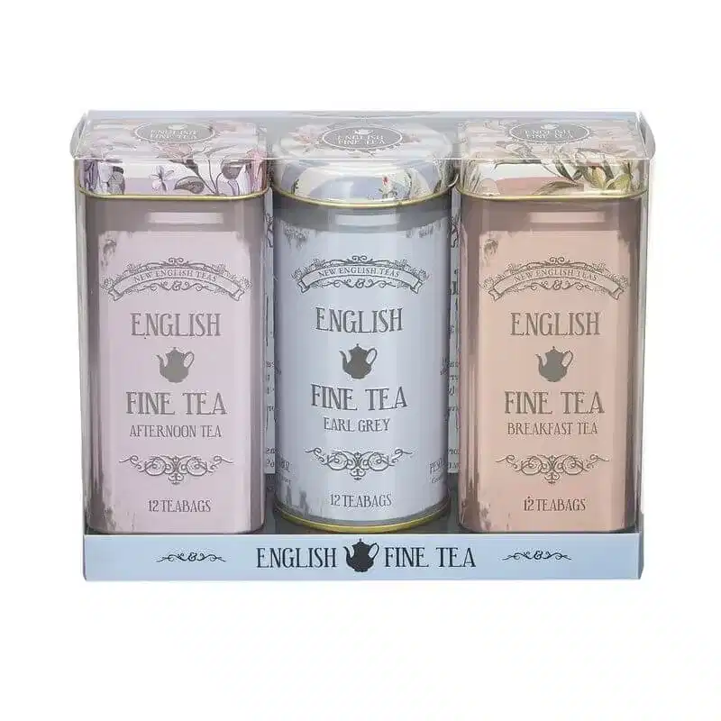 The Vintage Floral - Triple Tin Gift Pack contains three English Fine Tea tins labeled Afternoon Tea, Earl Grey, and Breakfast Tea, each with 12 teabags. Perfect for tea lovers!.