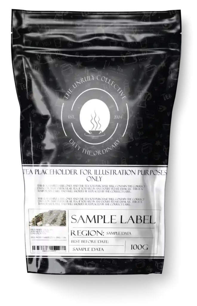 Explore our Almond Cherry Rooibos Tea packaging with decorative icons and sections for region, best before date, and weight (100g). Enjoy a unique twist with a hint of cherry flavor.