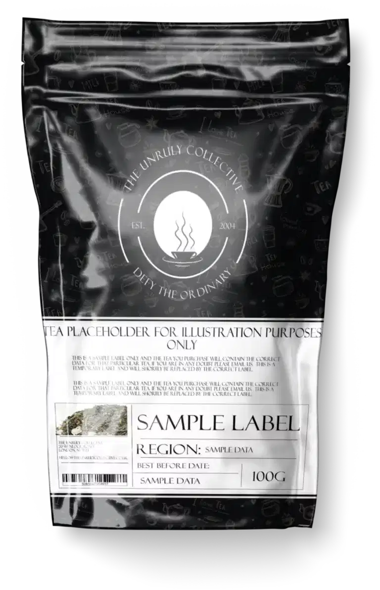 Explore our Almond Cherry Rooibos Tea packaging with decorative icons and sections for region, best before date, and weight (100g). Enjoy a unique twist with a hint of cherry flavor.