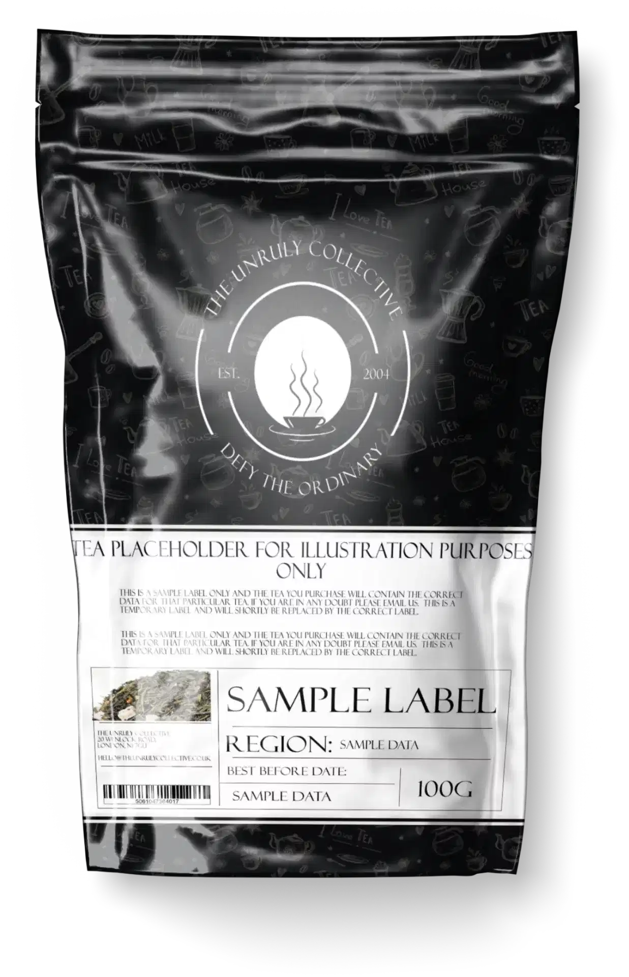 Explore our Almond Cherry Rooibos Tea packaging with decorative icons and sections for region, best before date, and weight (100g). Enjoy a unique twist with a hint of cherry flavor.