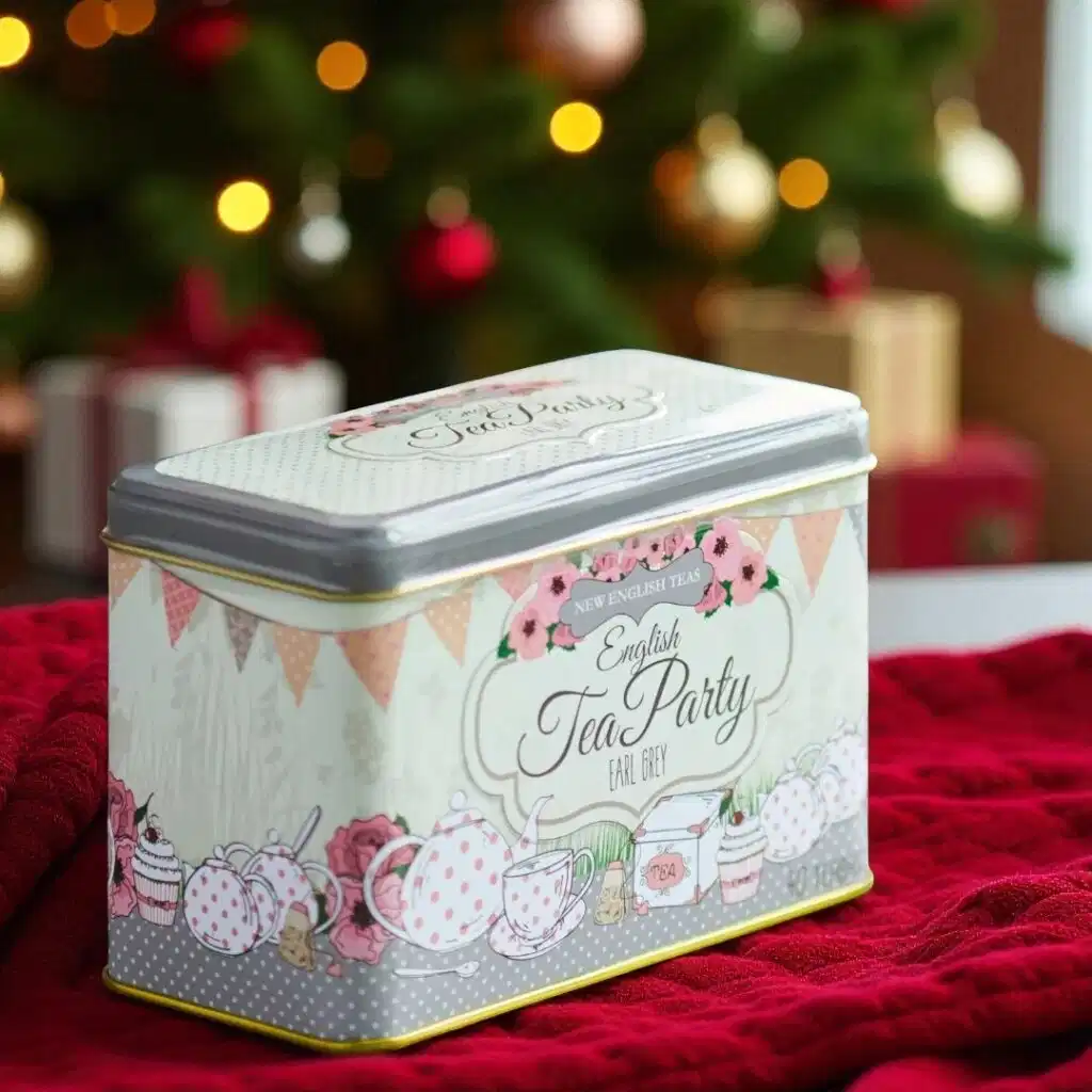 A decorative tin labeled 