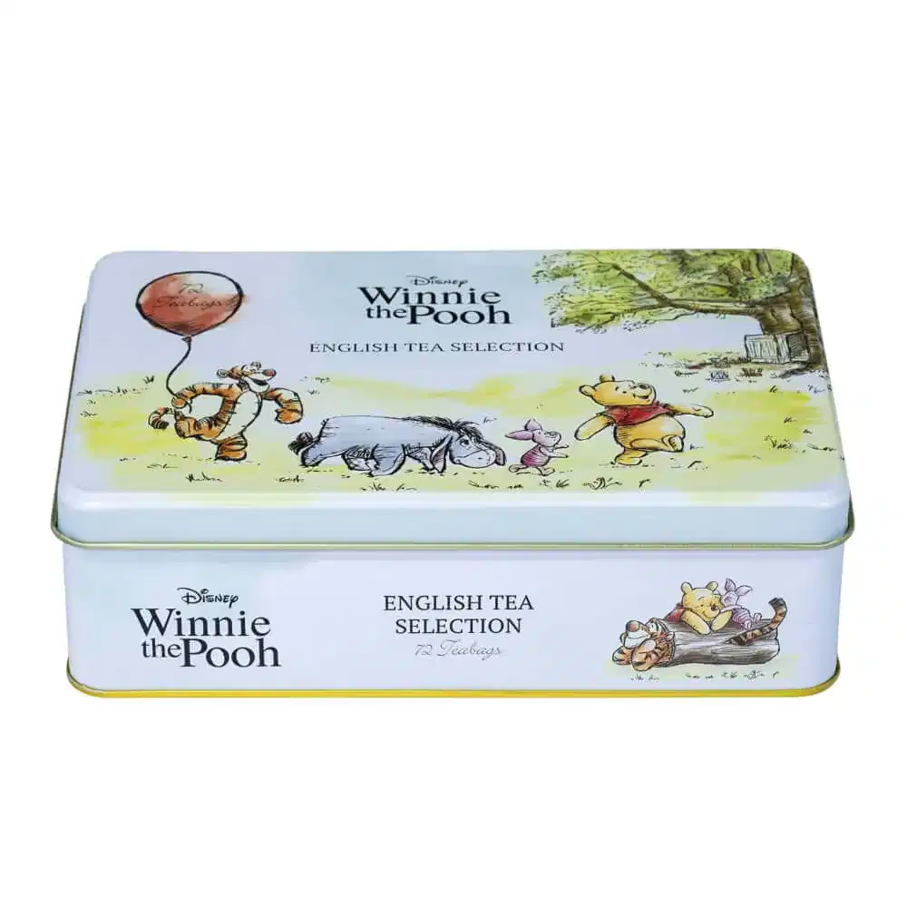 Winnie The Pooh 72 Teabag Tin displays Pooh, Piglet, Eeyore, and Tigger in a pastoral scene. Text reads 