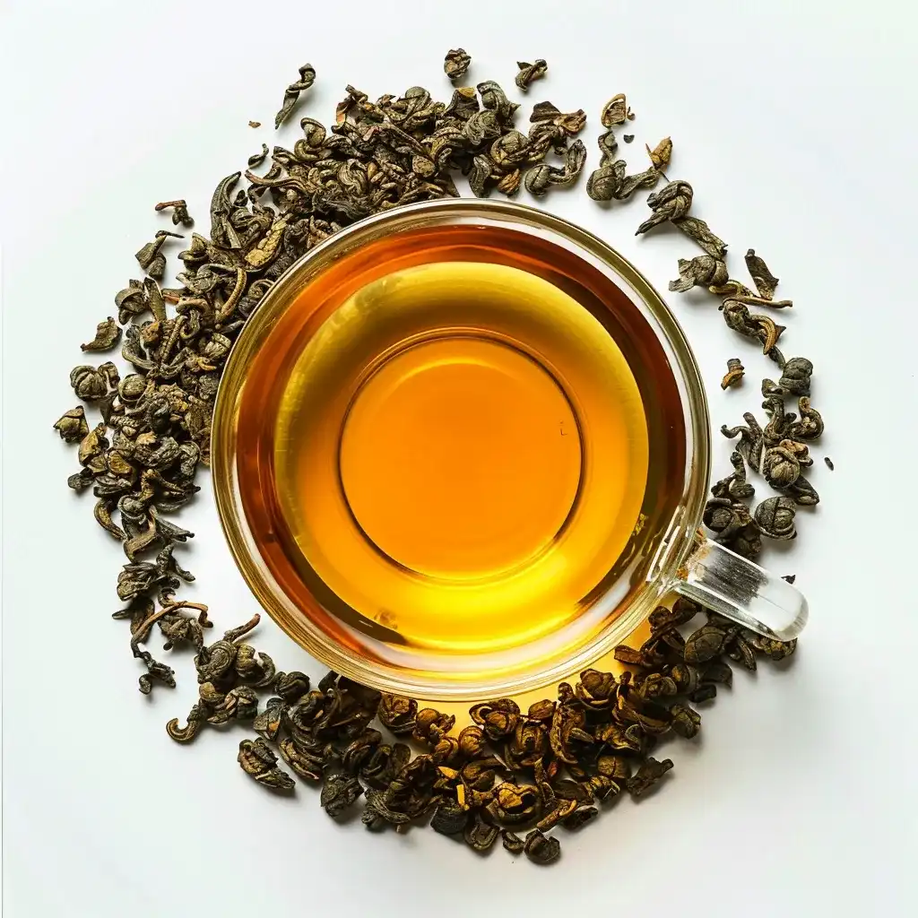 a glass cup filled with oolong tea