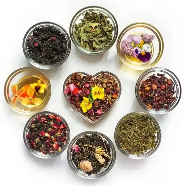 Nine glass bowls filled with various dried herbs and flowers arranged in a circle, with a heart-shaped bowl in the center.
