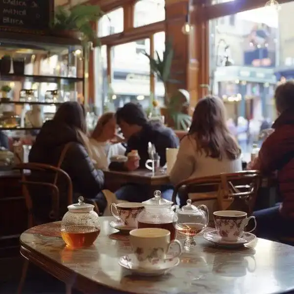 a bustling tea shop in London