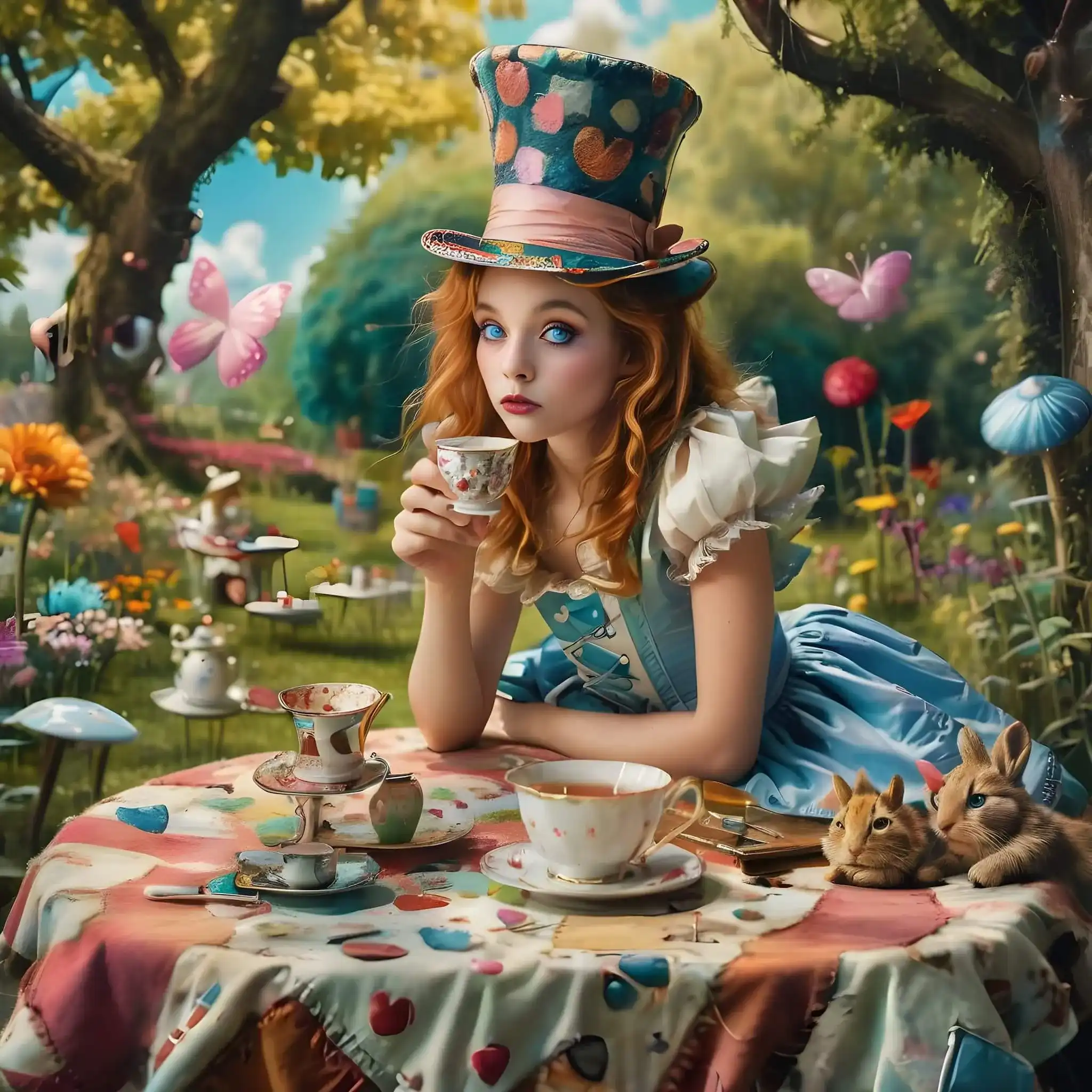 A woman in a colorful top hat and blue dress sits at a whimsical tea party table with teacups, surrounded by bunnies, flowers, and butterflies in a garden setting.