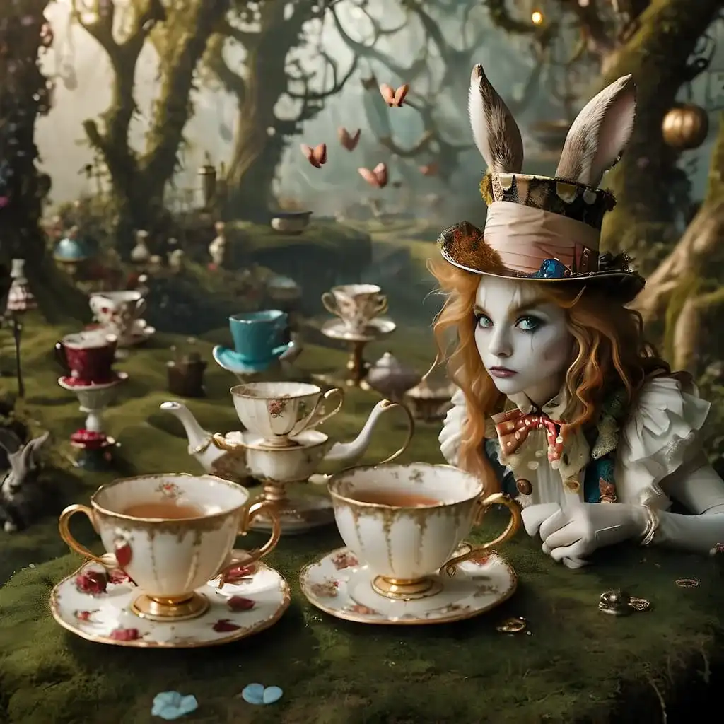 A person with rabbit ears and colorful makeup sits at a whimsical tea party in a forest, surrounded by floating teacups and teapots.