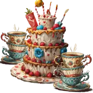 A three-tiered cake with cherries, candies, and frosting decorations, surrounded by three floral teacups on saucers.