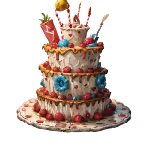 Three-tier cake with white frosting, blue and red decorations, topped with candles, a cup, and various colorful items.