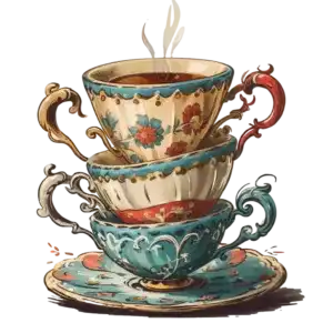 Three ornate teacups with floral designs stacked on a saucer, the top cup filled with steaming tea.