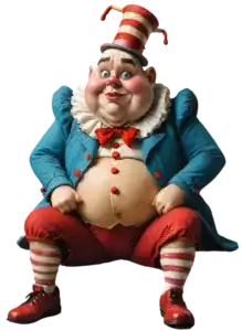 A colorful clown with a red and white striped hat, blue jacket, and red pants is crouching. The clown has a painted face and oversized red shoes.