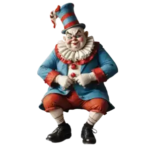 A clown in a blue and red outfit with a tall hat and ruffled collar, frowning while crouching.