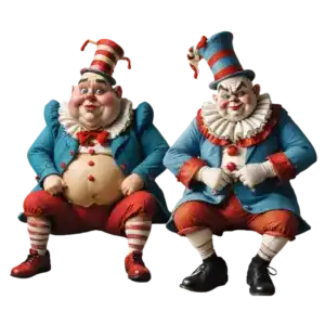 Two clowns in colorful outfits, with striped hats and red accessories, sit side by side, looking directly ahead against a plain background.