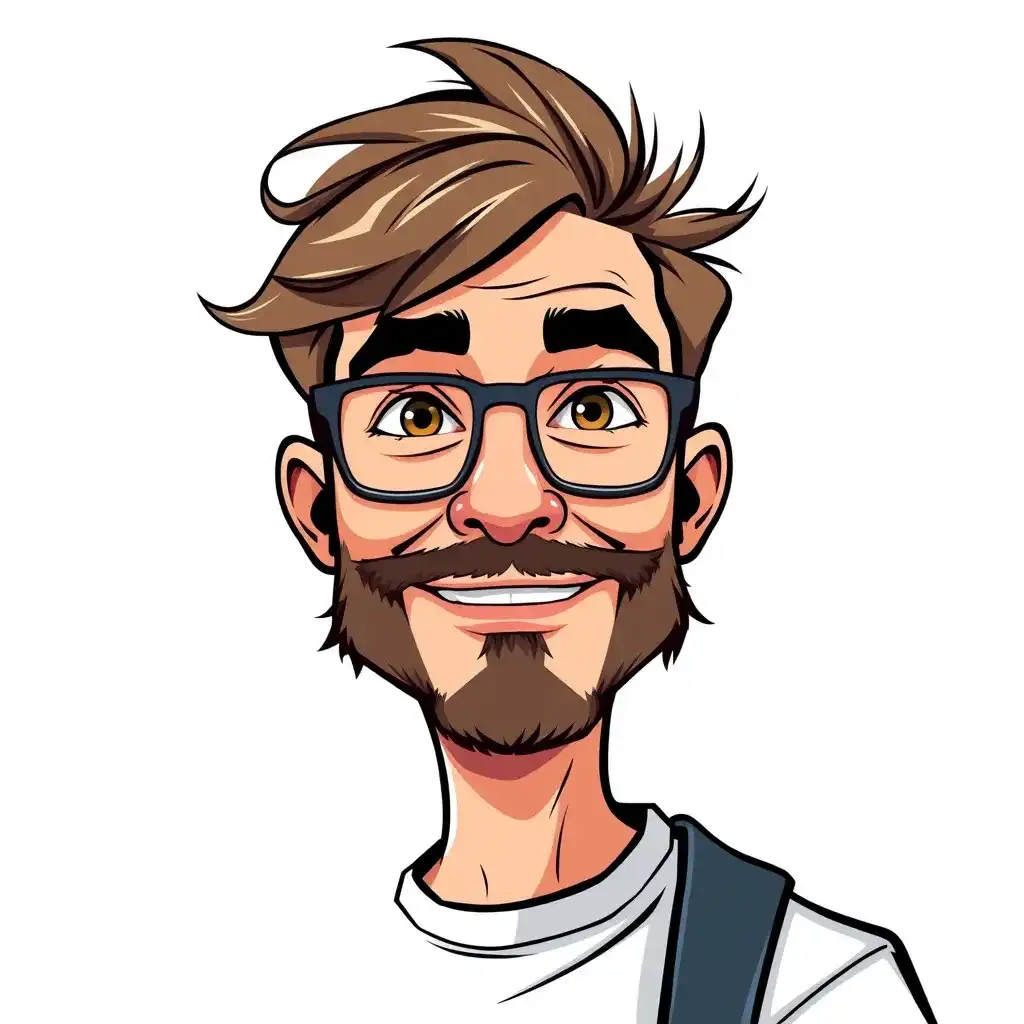 Cartoon illustration of a smiling man with glasses, a beard, and styled hair, wearing a white shirt with a blue strap over the shoulder.