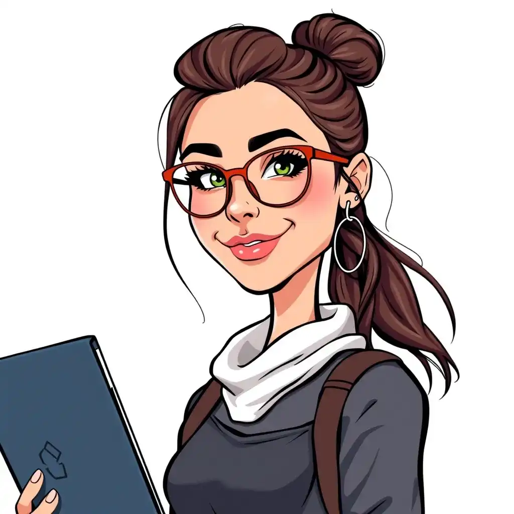 Illustration of a woman with glasses and a top bun, holding a tablet. She wears a black sweater, white scarf, and hoop earrings.