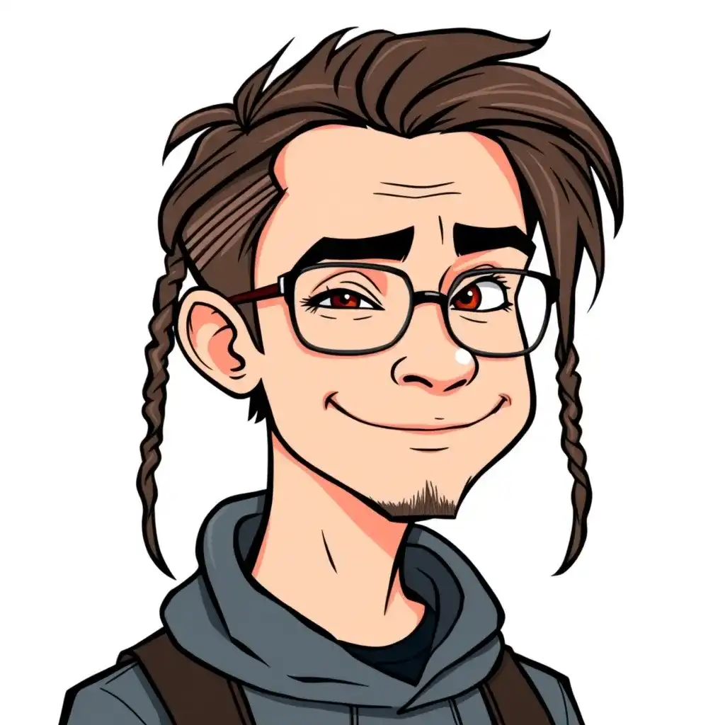 Cartoon character with glasses, a goatee, and braided hair, wearing a hoodie and a backpack, smiling slightly.