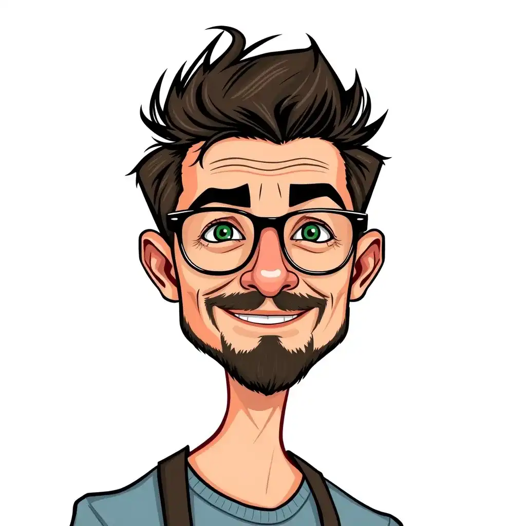 Cartoon character with brown hair, beard, and glasses, wearing a blue shirt and brown apron, smiles with green eyes on a white background.