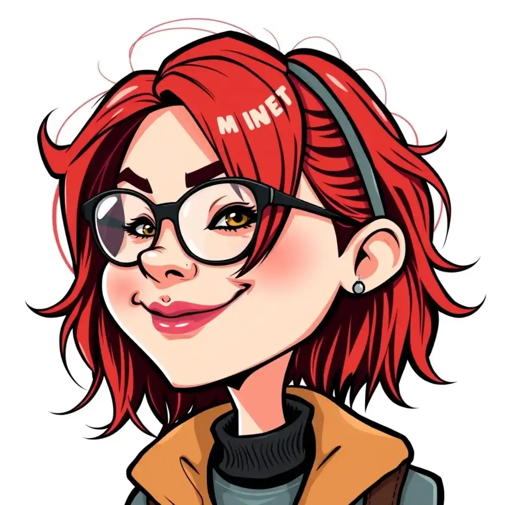 Illustration of a person with red hair, glasses, and a headband, wearing a jacket.