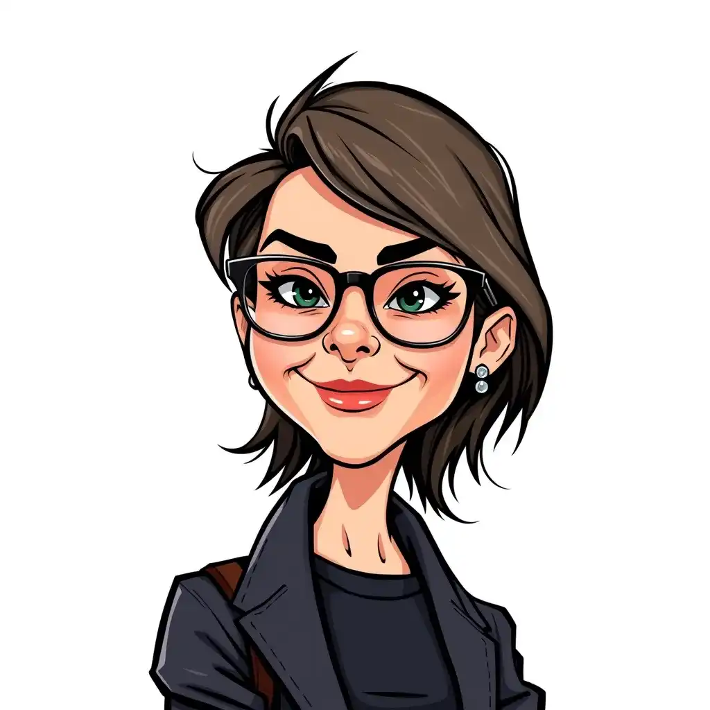 Cartoon illustration of a woman with glasses and short brown hair, wearing a dark jacket and earrings, smiling at the viewer.