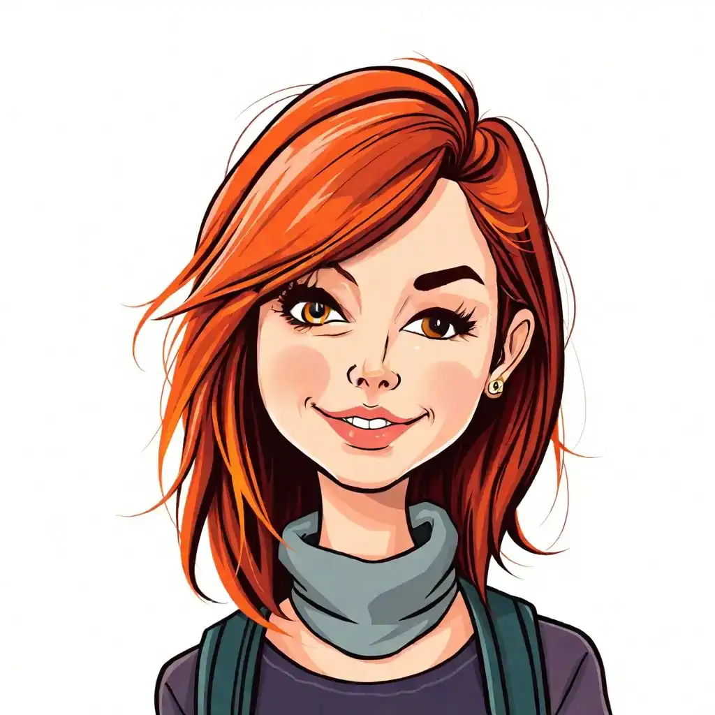 Illustration of a smiling woman with red hair, wearing a black shirt and a blue scarf.