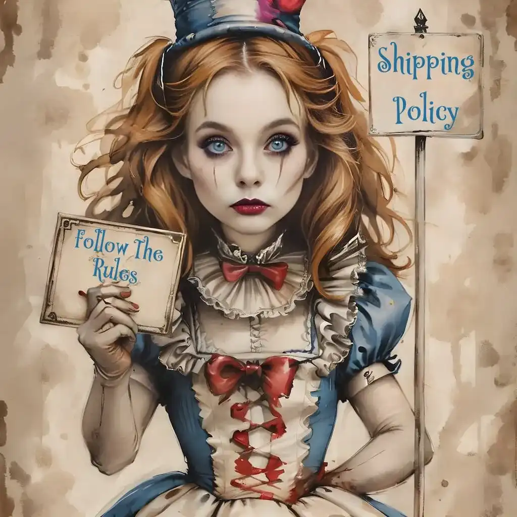 A girl in vintage attire holds signs saying 