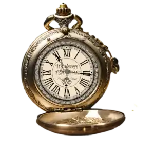 Open ornate pocket watch with Roman numerals and the phrase