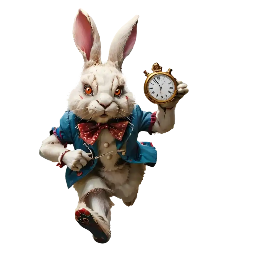 Anthropomorphic white rabbit in a blue coat holding a pocket watch, appearing to be running forward.