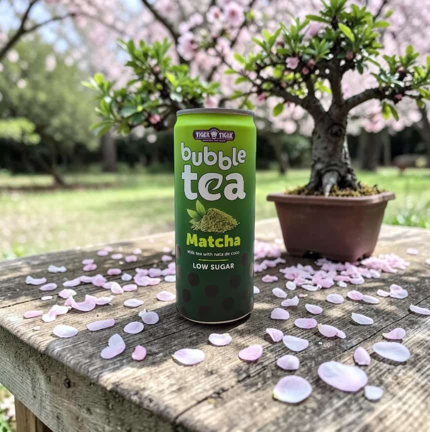A can of Tiger Tiger bubble tea matcha flavor sits on a wooden surface with scattered cherry blossom petals, next to a potted bonsai tree outdoors.
