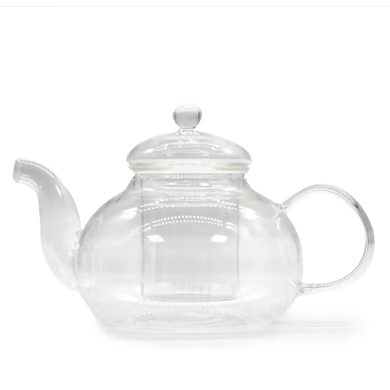Clear glass teapot with a round body, a curved spout, a looped handle, and a fitted lid, photographed on a white background.