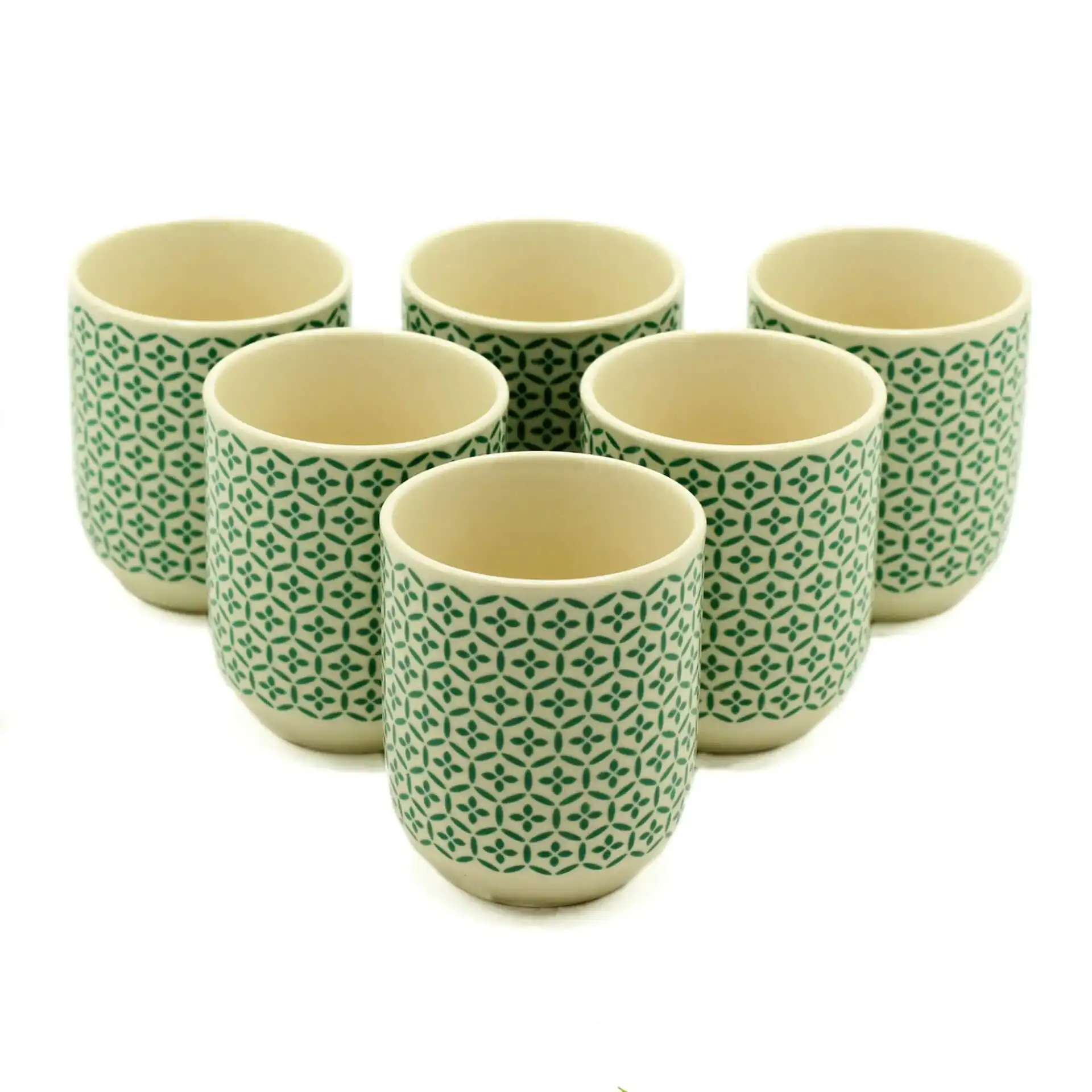 Six ceramic cups with a green geometric pattern are arranged in two rows on a white background.