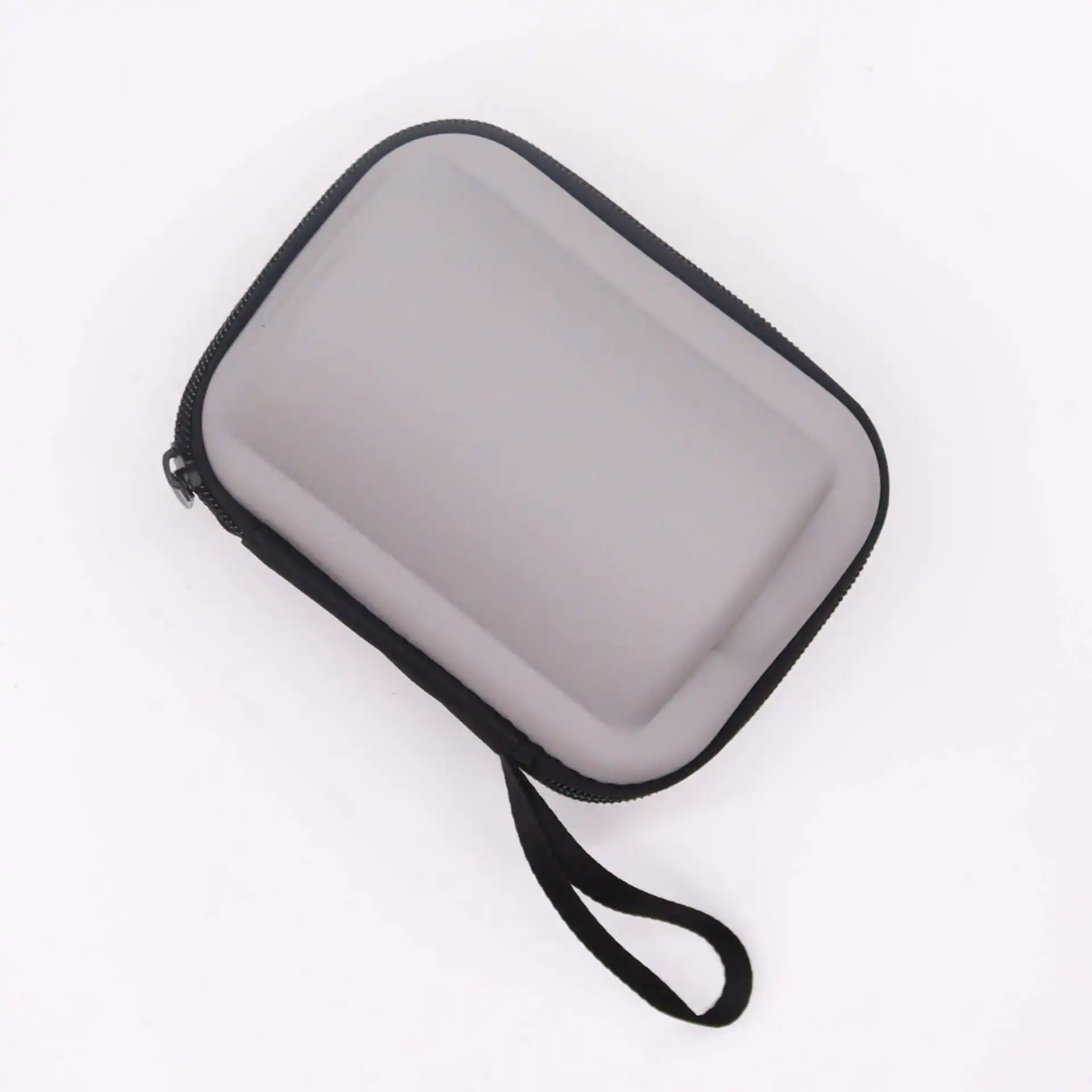 A small, rectangular, zippered carrying case with a wrist strap, shown on a white background.
