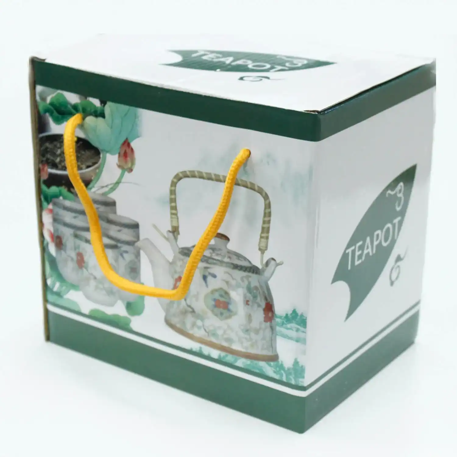Rectangular box with images of a decorative teapot, labeled 
