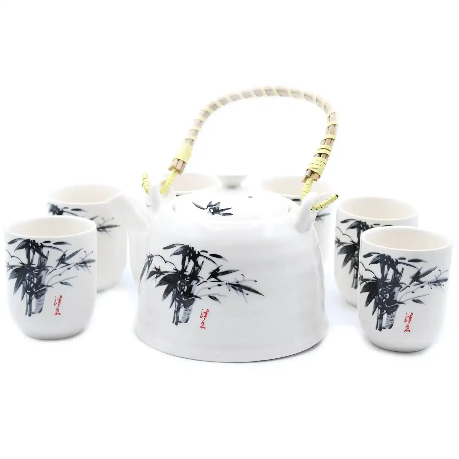 A white ceramic teapot with a bamboo handle and matching cups, all featuring black bamboo designs and red Chinese characters.