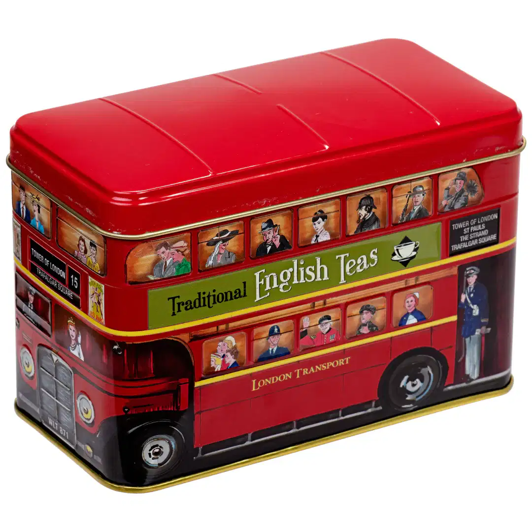 The Red London Bus Tea Tin - Traditional English Tea features a red tin shaped like a London bus, with illustrated passengers and authentic details—a charming gift for any English tea lover.