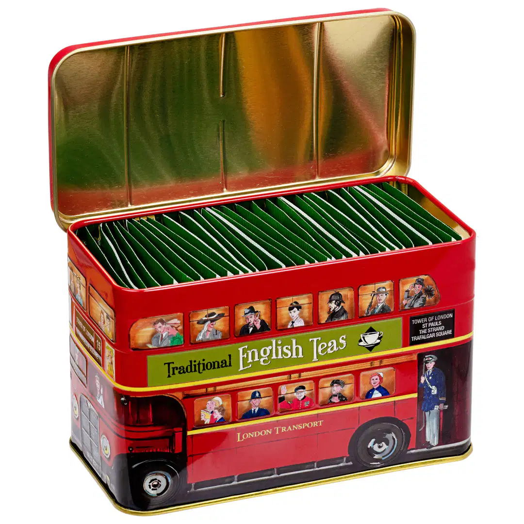 The Red London Bus Tea Tin - Traditional English Tea is a rectangular tin styled as a classic bus, opening to reveal individually wrapped English tea bags neatly arranged inside.