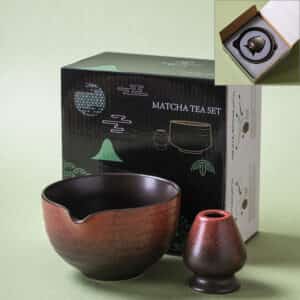 2-piece rust red kaki glaze matcha bowl and whisk holder set, iron-glazed stoneware chawan and chasen tate, premium gift box with foam insert.