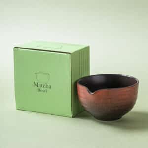 Rust red iron glaze stoneware matcha bowl (chawan) with pouring spout in gift box, kaki glaze, hand-finished.