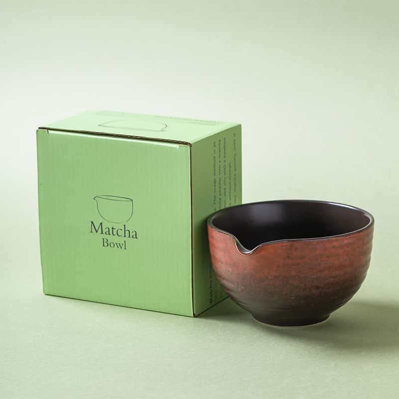Rust red iron glaze stoneware matcha bowl (chawan) with pouring spout in gift box, kaki glaze, hand-finished.